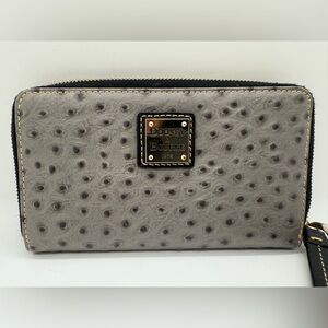 Dooney & Bourke Large Zip Around Gray Ostrich Leather Wallet, Red Interior